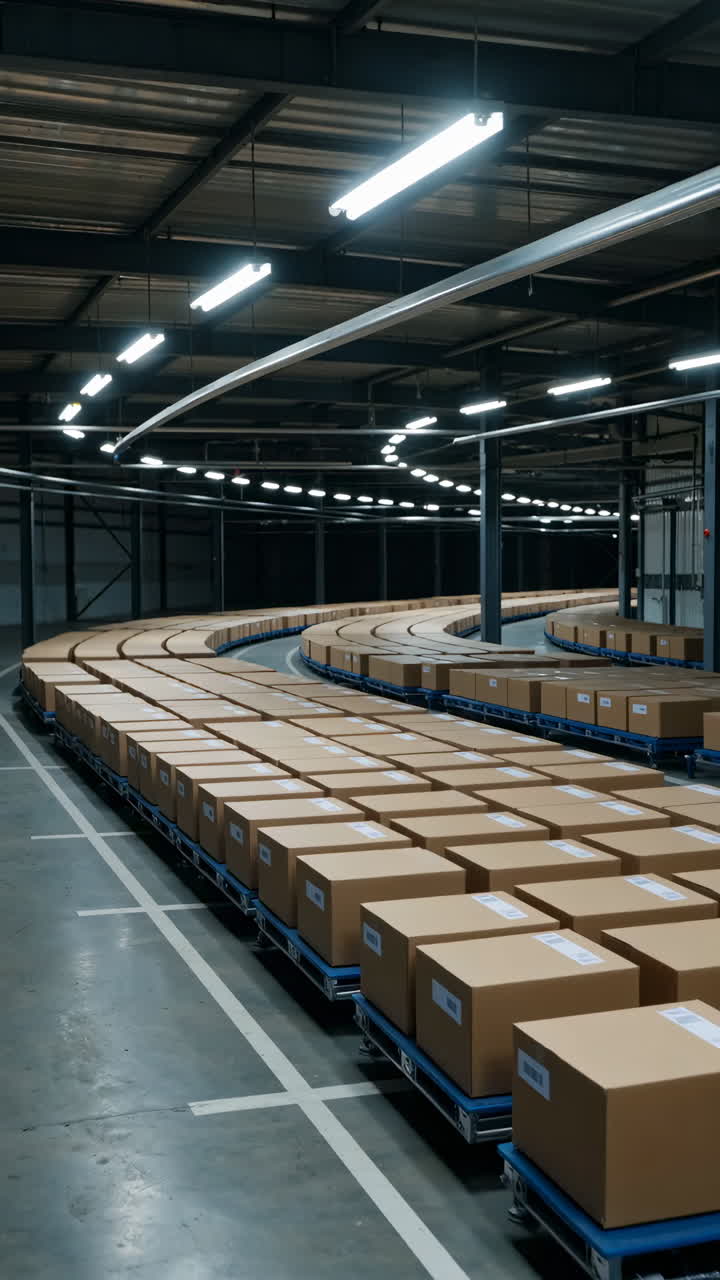 Automated Conveyor System Moving Boxes in a Large Modern Warehouse