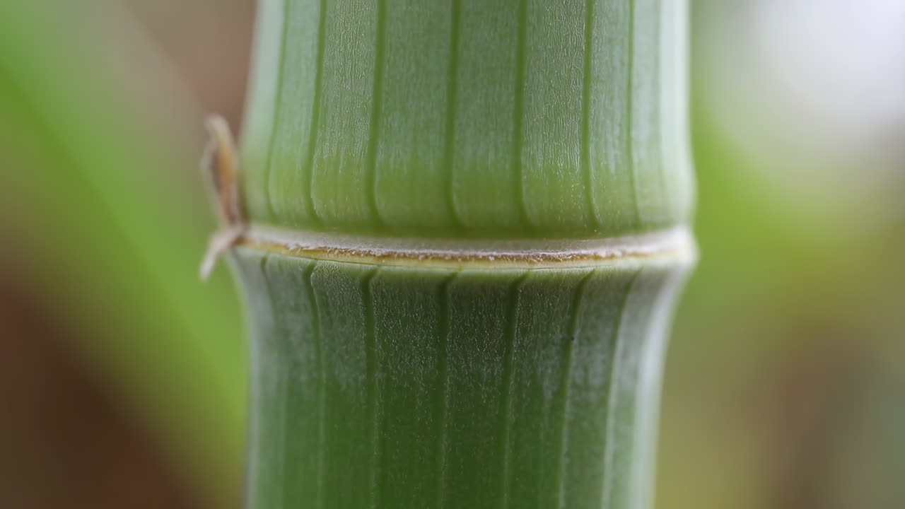 Close-up of a vibrant green bamboo stalk