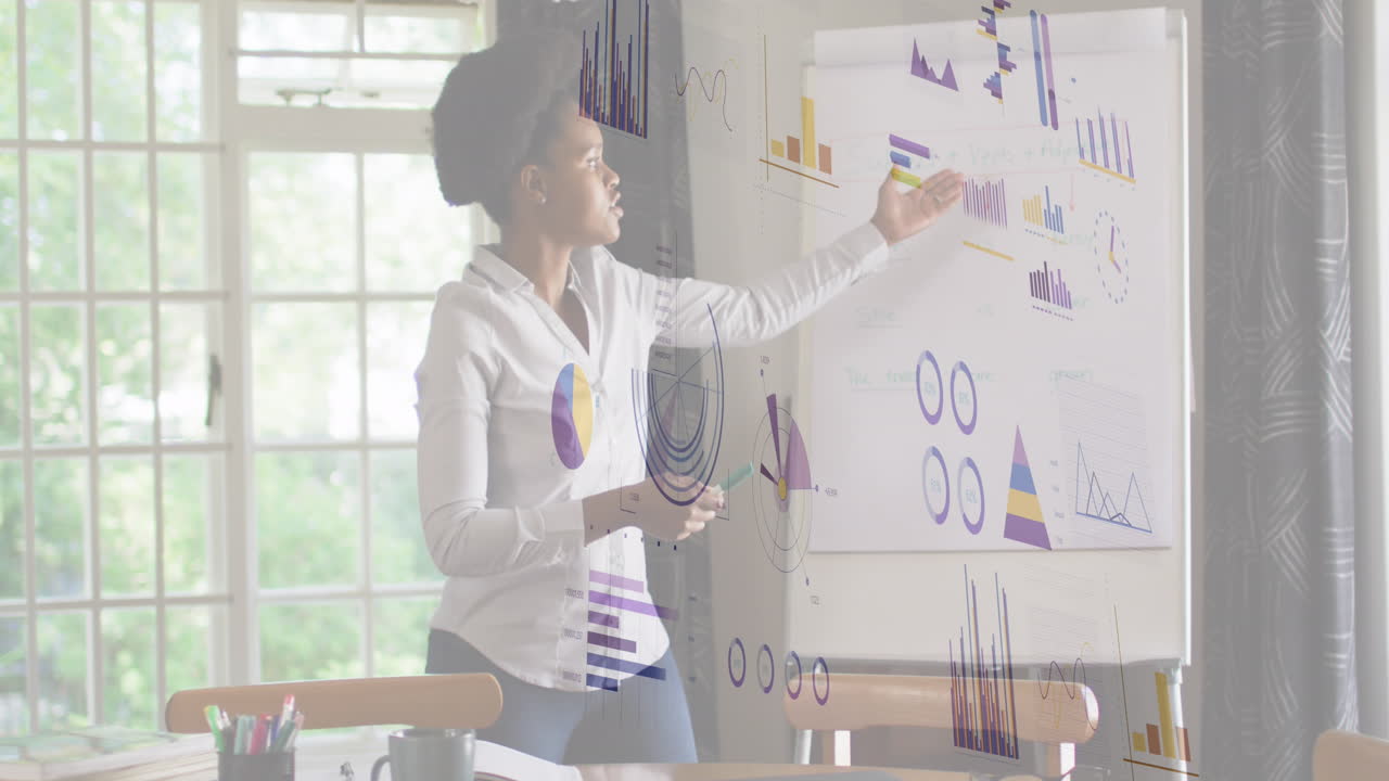 사무실에 있는 아프리카계 미국인 사업가에 대한 금융 데이터 처리 애니메이션