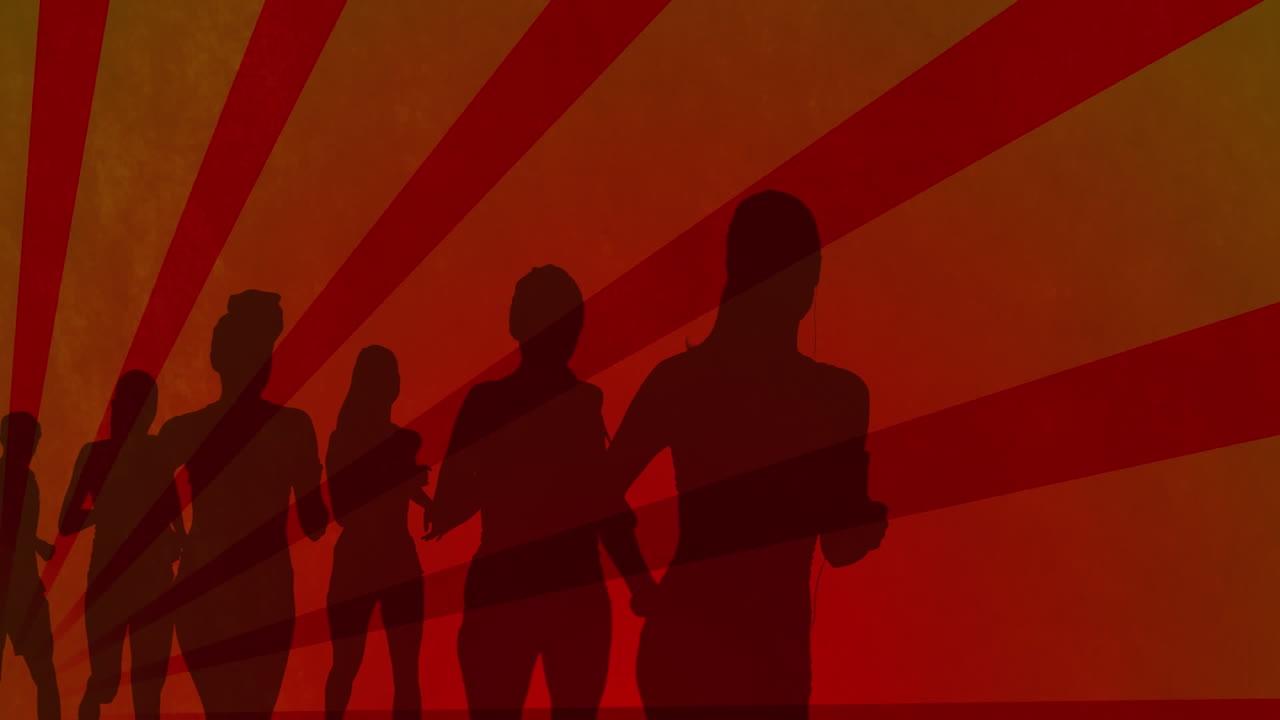 오렌지색 배경의 모양 위에 달리는 실루 ⁇ 의 애니메이션