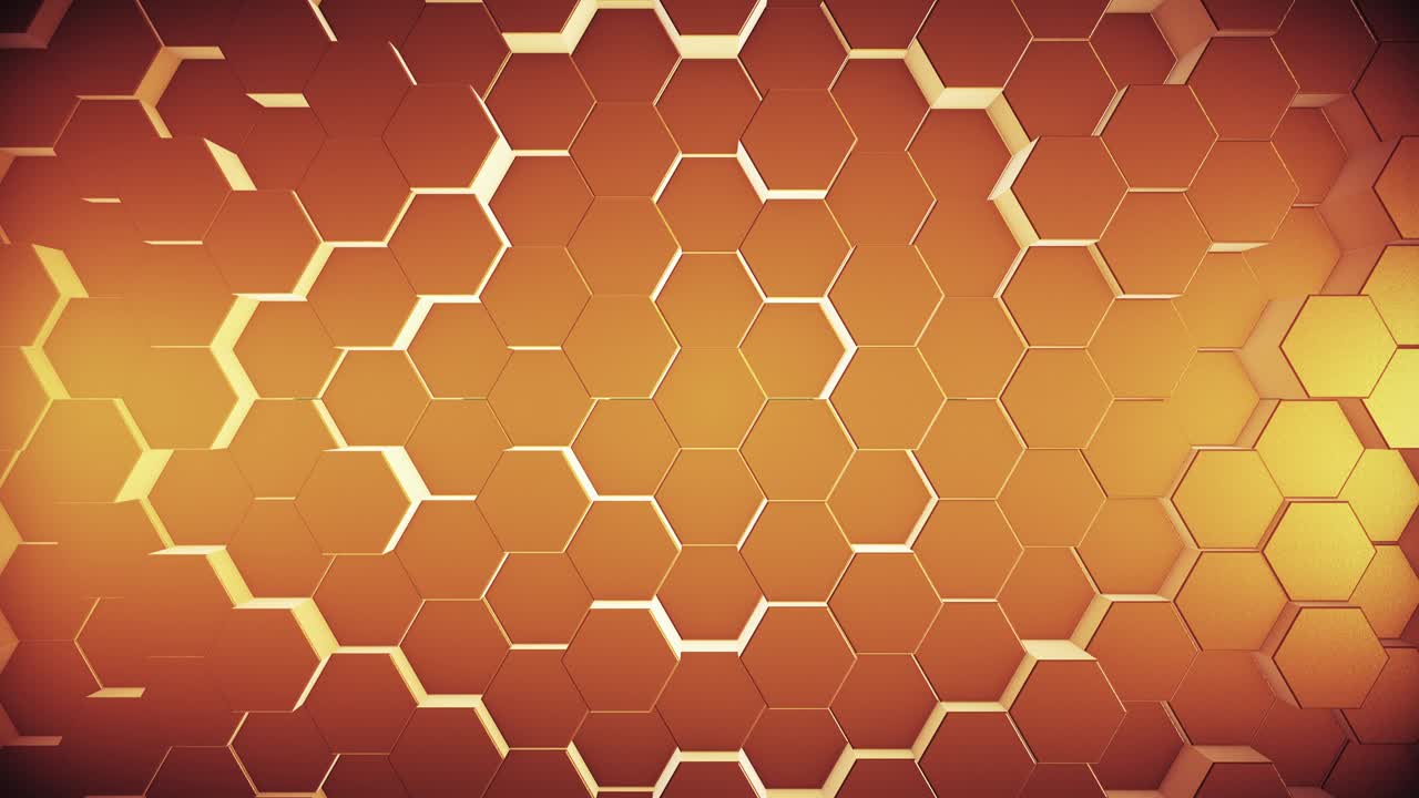 추상적인 기하학적  금 육각형 배경, 4k 원활한 루프, 3d 렌더링
