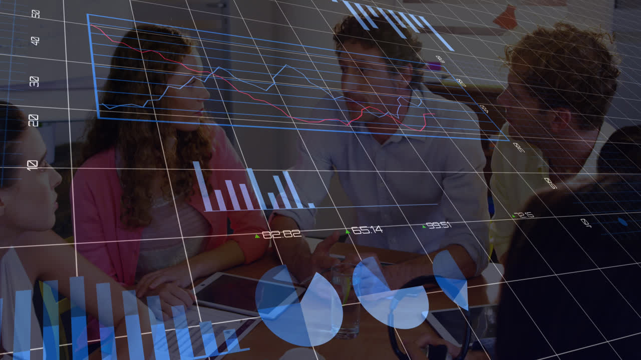 Animation of multiple graphs with loading circles over diverse coworkers sharing ideas in meeting