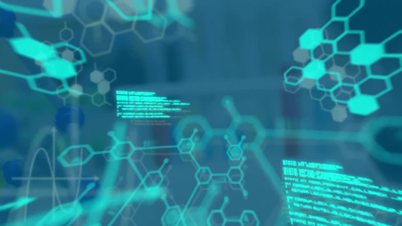 animación del procesamiento de datos y la fórmula química sobre tubos de ensayo