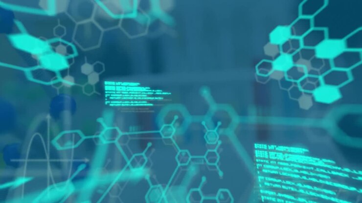 Animation of data processing and chemical formula over test tubes