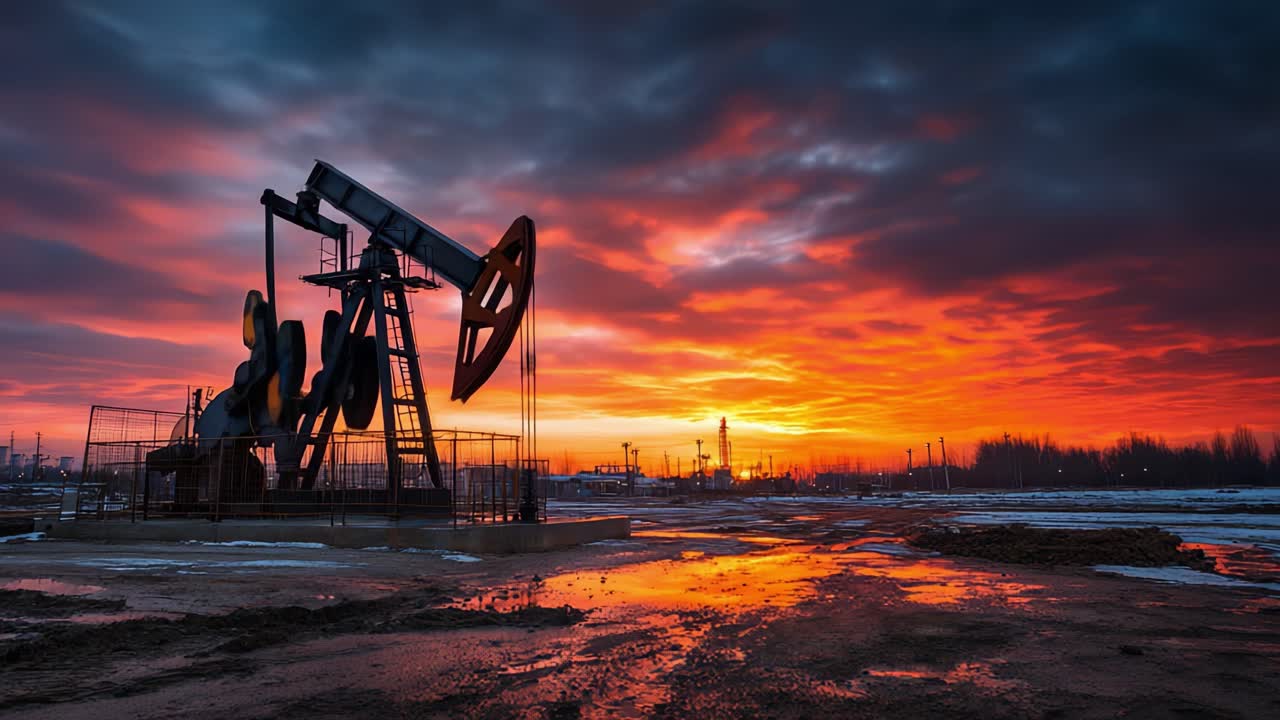 Un'immagine suggestiva di una pompa petrolifera stagliata contro un vibrante cielo al tramonto, che mostra l'interazione tra tecnologia e natura in un contesto atmosferico drammatico.