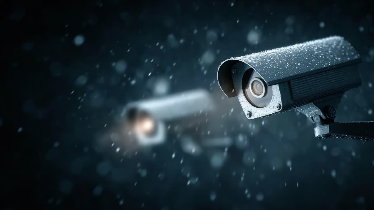 Surveillance Cameras in Winter Setting with Snowfall Highlighting Security Monitoring and Enhanced Visibility During Extreme Weather Conditions