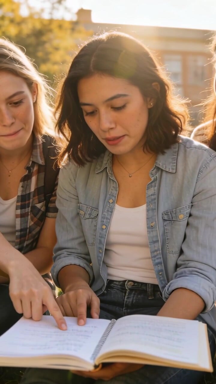 Video verticale: Uno studente al centro indica, studia e sfoglia le pagine di un quaderno su una panchina del campus, vestito in denim.