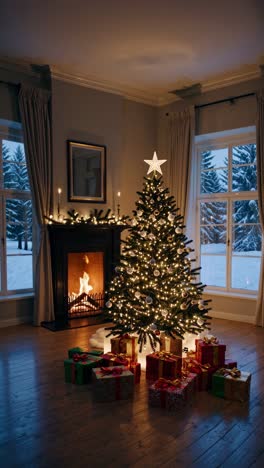 decorated christmas tree with star on top surrounded by wrapped gifts in a cozy living room with fireplace burning, snowy view from the window and candles on the mantelpiece