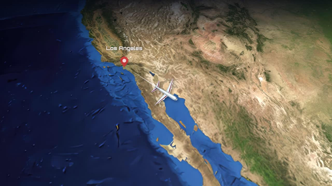 Satellite view animation tracks a commercial airplane flying from Los Angeles to Mexico City