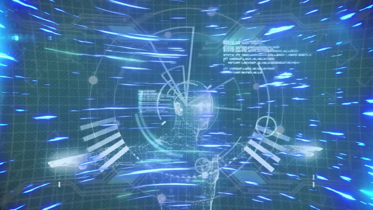 Animation of glowing blue lines and data visualization on futuristic digital interface