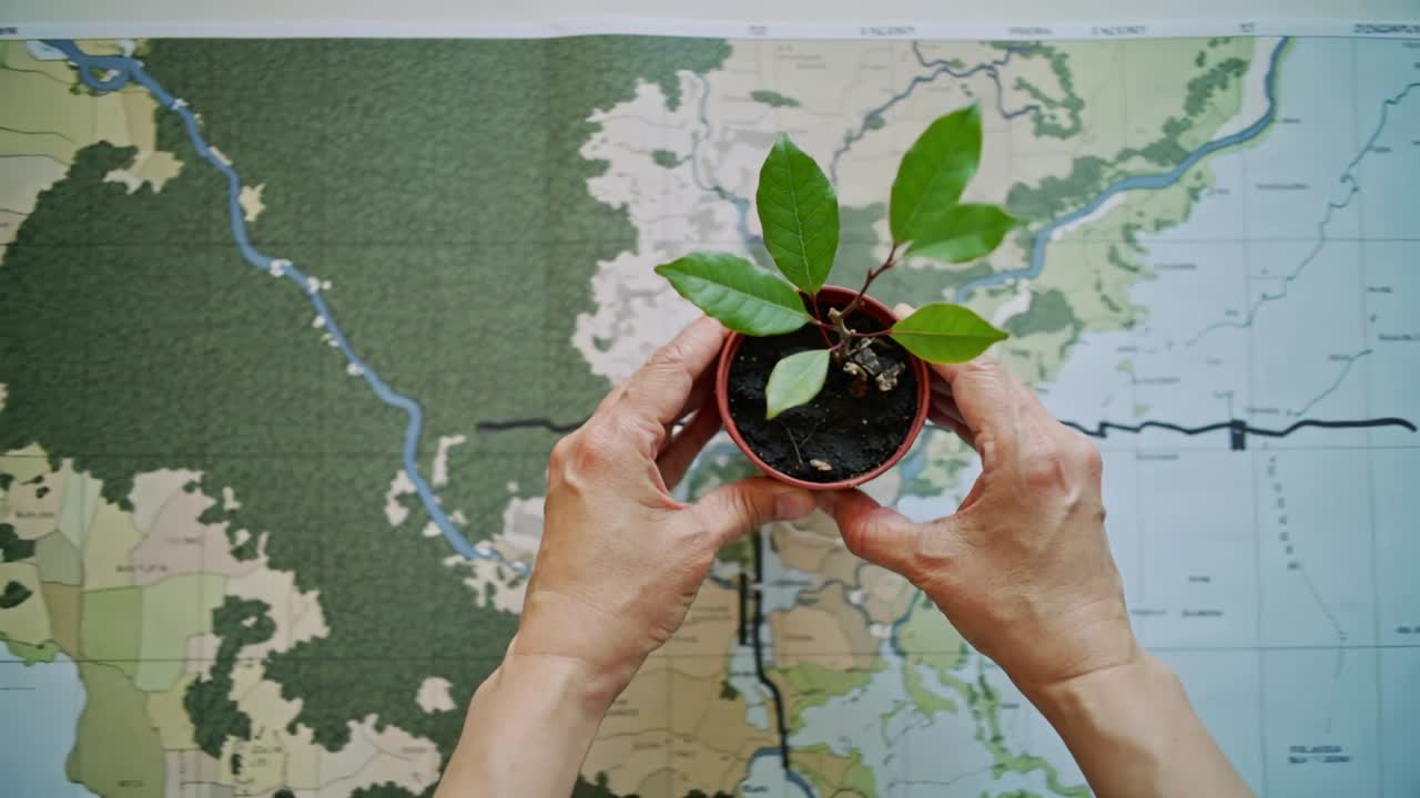 Sollevando un vaso rosso dal centro, mani che ruotano e spostano delicatamente una piantina su una mappa topografica che mostra l'angolazione delle foglie.