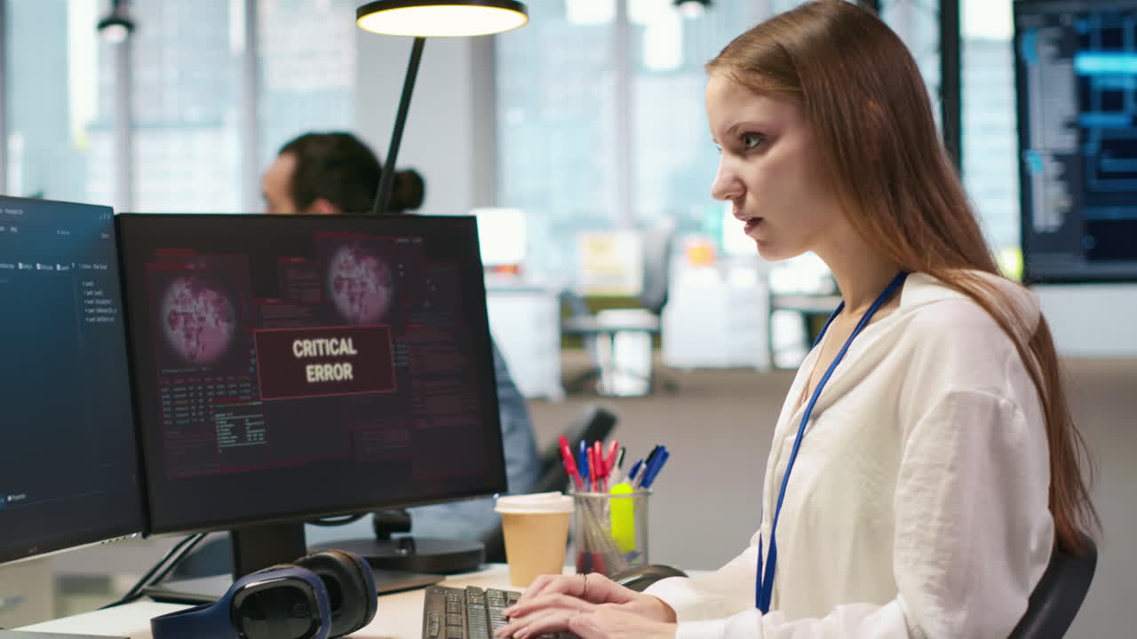 Female Programmer In Startup Office Struggling To Fix Application Errors