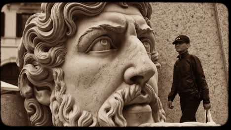 classical marble statue with sepia tone and pedestrian