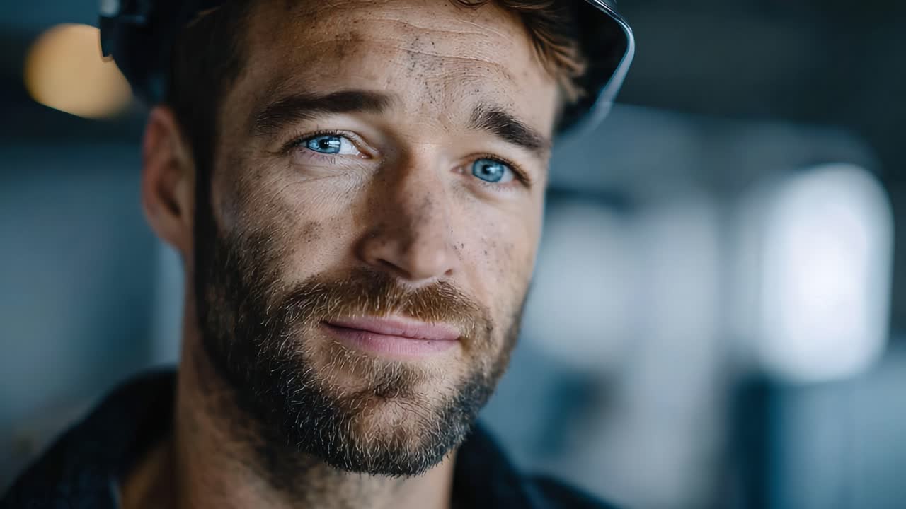 Capturing the Resilience and Grit of a Worker: A Close-Up Glimpse of a Determined Individual with Blue Eyes and a Charismatic Smile Amidst a Hardworking Environment