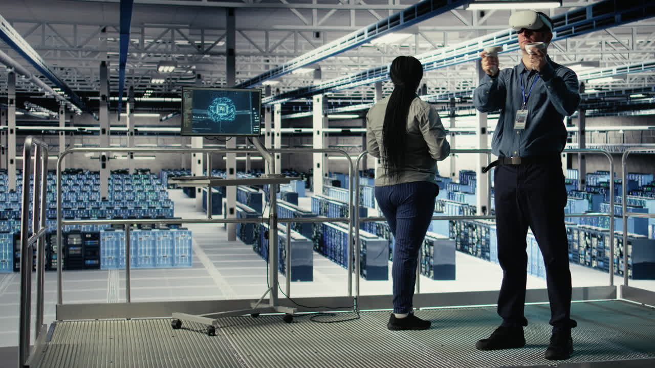 Programmer In Server Room Wearing Vr Headset Optimizing Deep Learning Systems