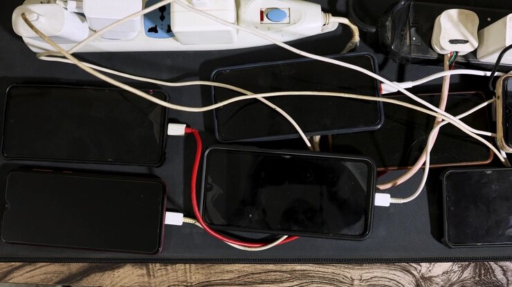 Configurazione moderna per la ricarica di telefoni cellulari con più dispositivi collegati e cavi USB.