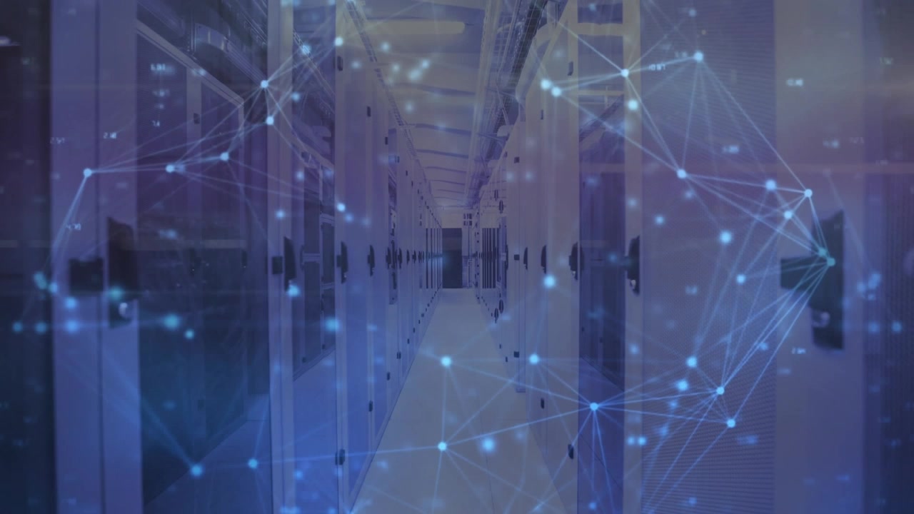 Animation of network of connections and data processing over server room