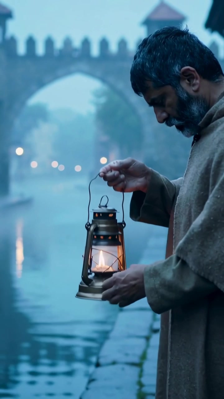 Video verticale: Ripresa panoramica che mostra un uomo incappucciato che sistema una lanterna per il sentiero lungo il canale, spazio per il testo.