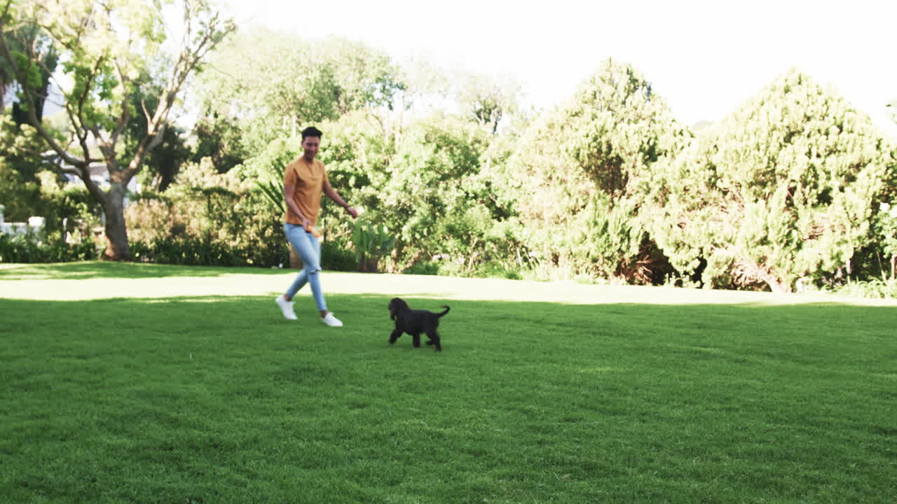 Uomo asiatico che gioca con il cane in un parco soleggiato, godendosi il divertimento all'aperto insieme, con spazio per il testo