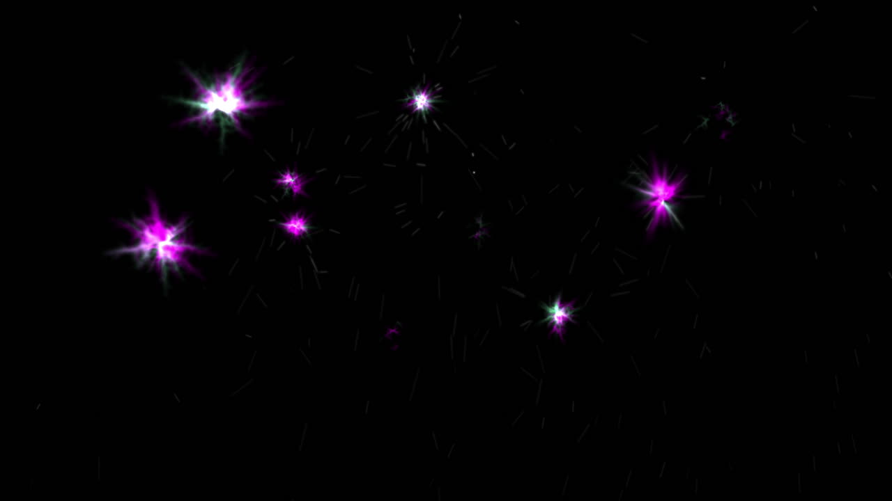 Green and Purple Fireworks Rapidly Appearing and Fading on Black Background. Use Add or Screen Modes to Remove Background. Animation used for Celebrations and Festivals.