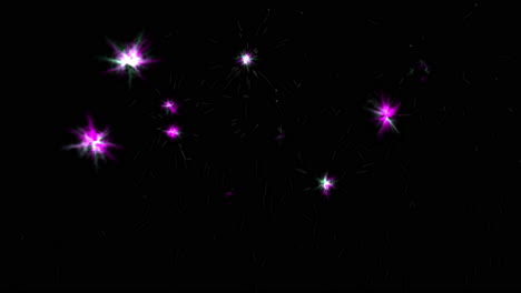 green and purple fireworks rapidly appearing and fading on black background. use add or screen modes to remove background. animation used for celebrations and festivals.