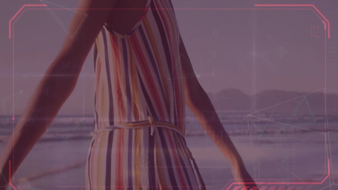 animación de la red de conexiones sobre madre y hija afroamericanas en la playa