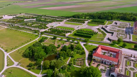 Scenic-Surroundings-Of-Schloss-Hof-Castle-In-Austria---aerial-drone-shot