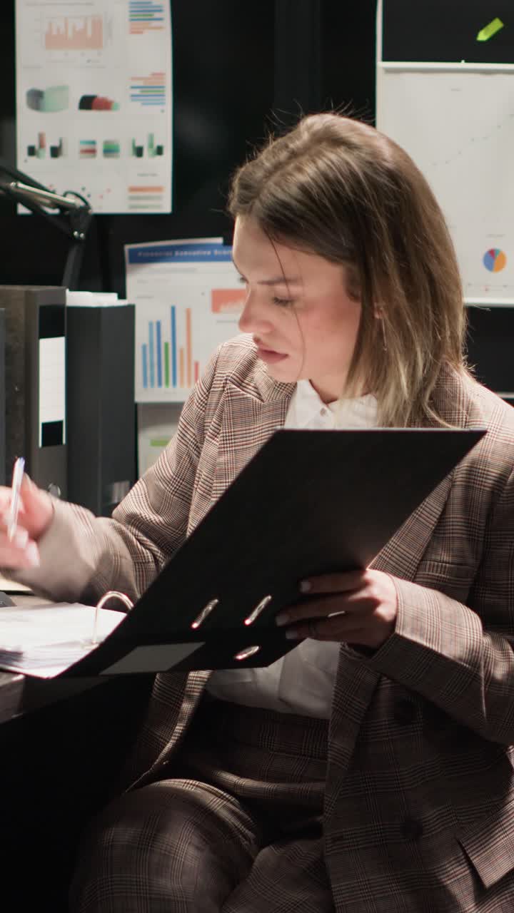 Mulher de negócios trabalhando com documentos financeiros no escritório