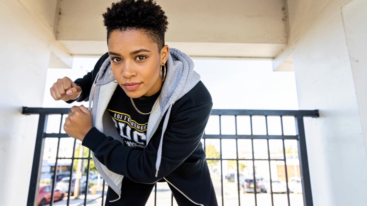 Bending, woman in black hoodie throwing quick fist punches at balcony railing, boxing routine