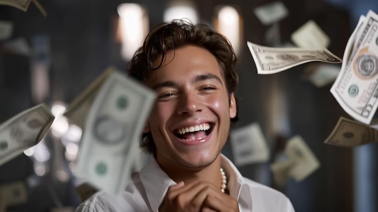 Giovane uomo ride di gioia, occhi chiusi. Dollari cadono intorno a lui, vorticando dolcemente. Stringe i pugni, sorridendo ampiamente. Un'espressione felice ed eccitata domina il suo volto. Perfetto per successo, celebrazione.