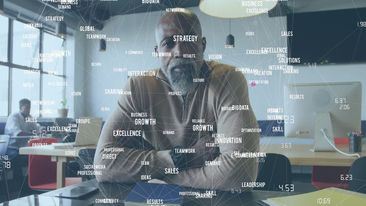 Animation of network of connections with texts over african american businessman working at office
