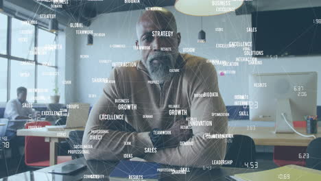 animación de una red de conexiones con textos sobre un hombre de negocios afroamericano que trabaja en la oficina