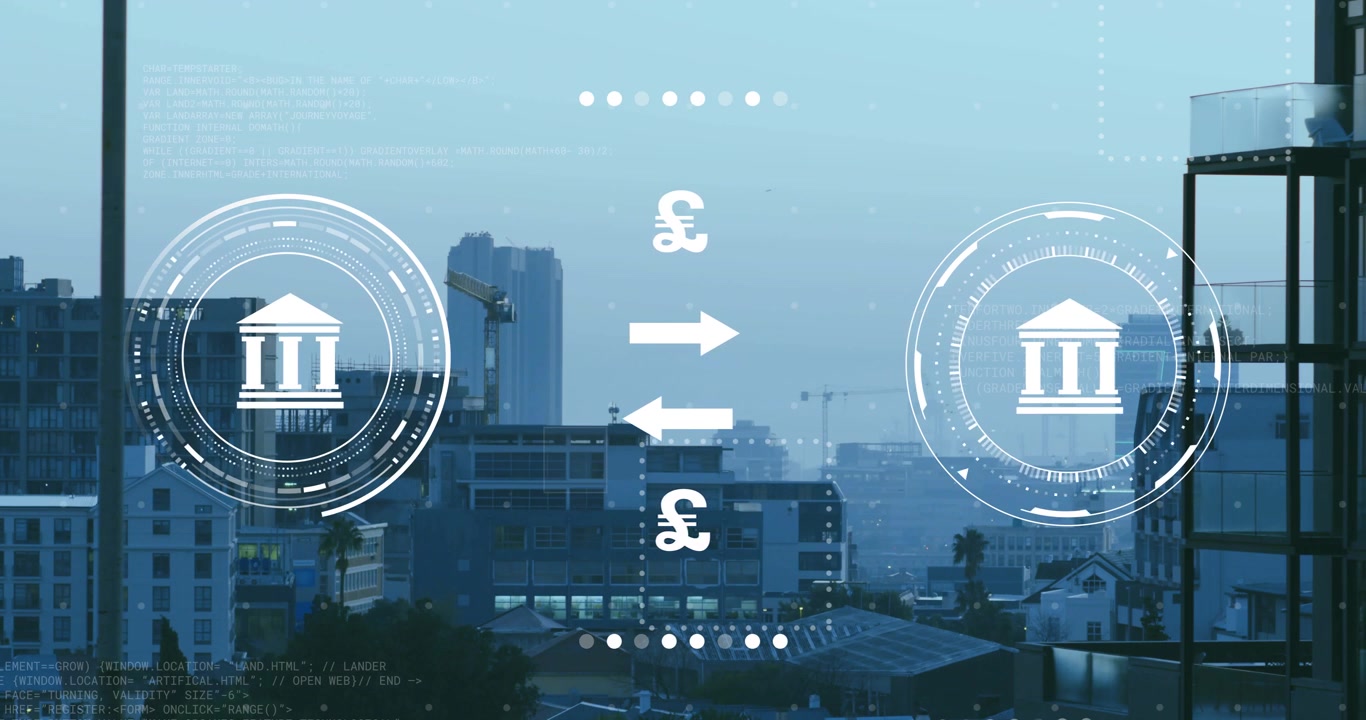 On load HUD animating, bank icons pulsing and arrows cycling FX, showing two-way flow over city