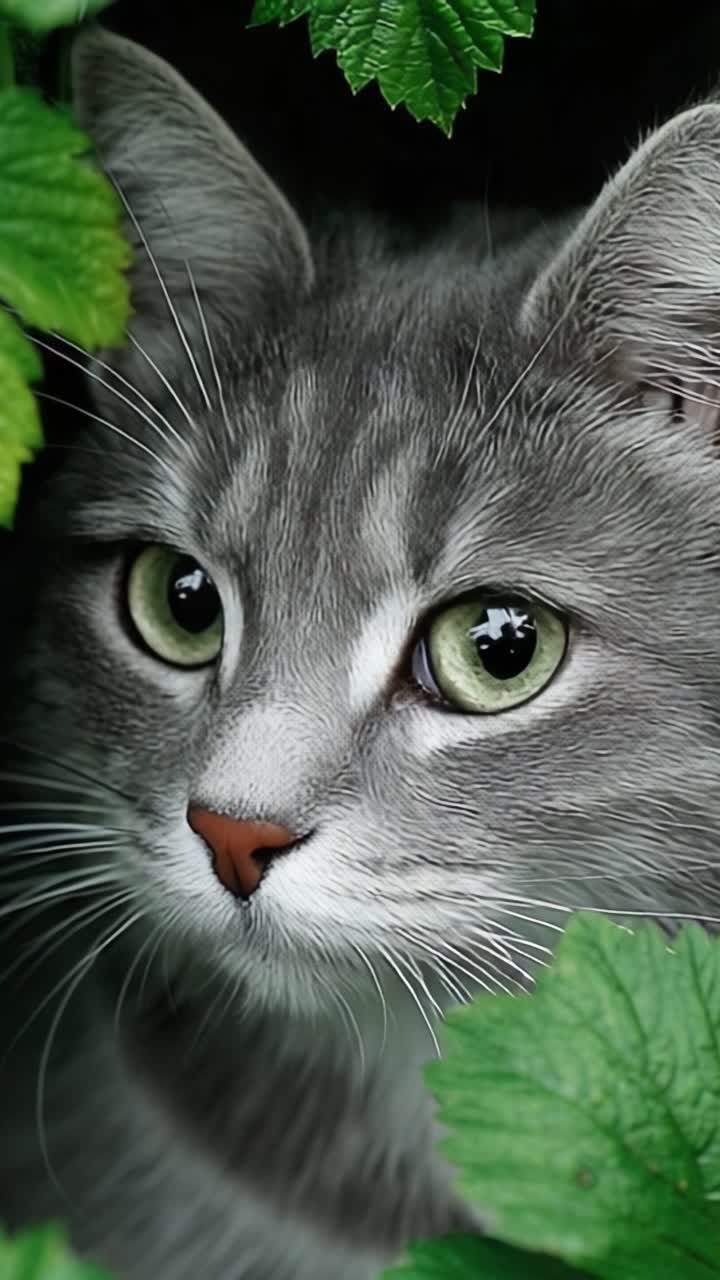 Captivating Encounter: A Close-Up of a Gray Cat's Enigmatic Gaze Framed by Lush Greenery, Capturing the Essence of Nature and Feline Curiosity