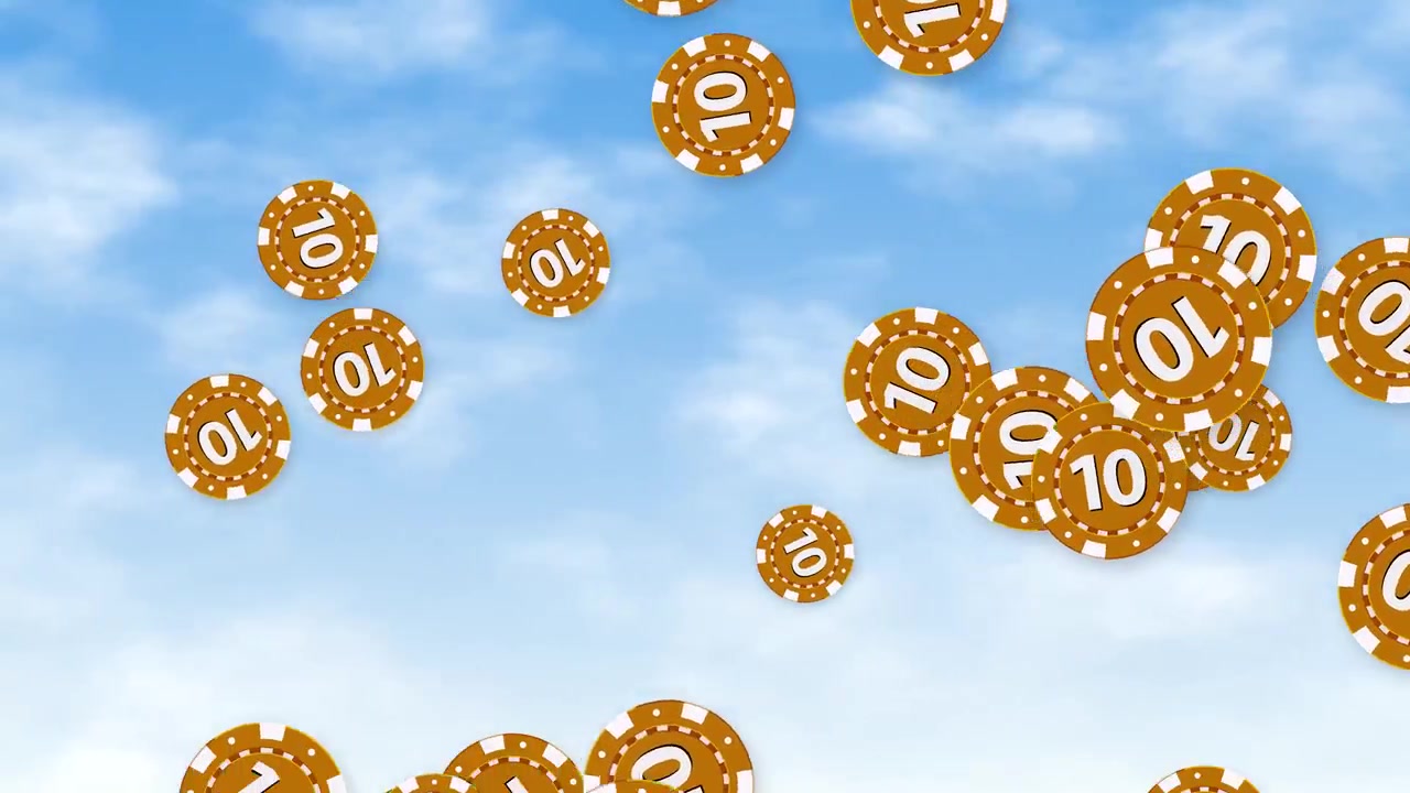 Fiches da poker dorate che piovono su un cielo azzurro brillante con soffici nuvole bianche