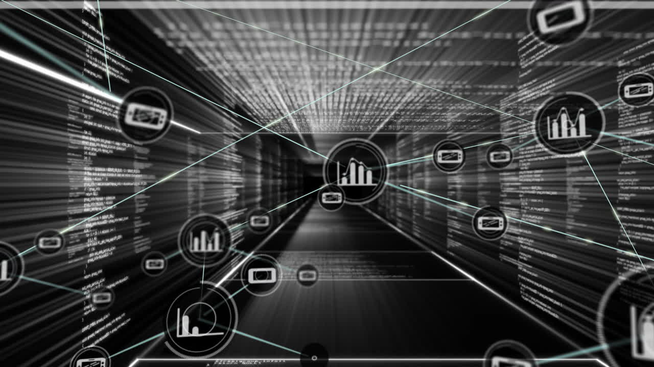 Animation of digital data flow and analytics icons in futuristic tunnel background