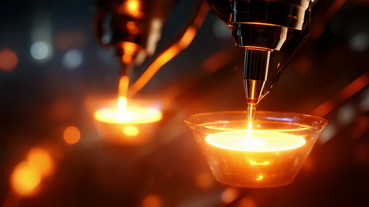 Intricate Process of Liquid Metal Pouring into Glass Molds: A Close-Up View Capturing the Transformation and Glow of Molten Material in an Industrial Setting with Dramatic Lighting Effects