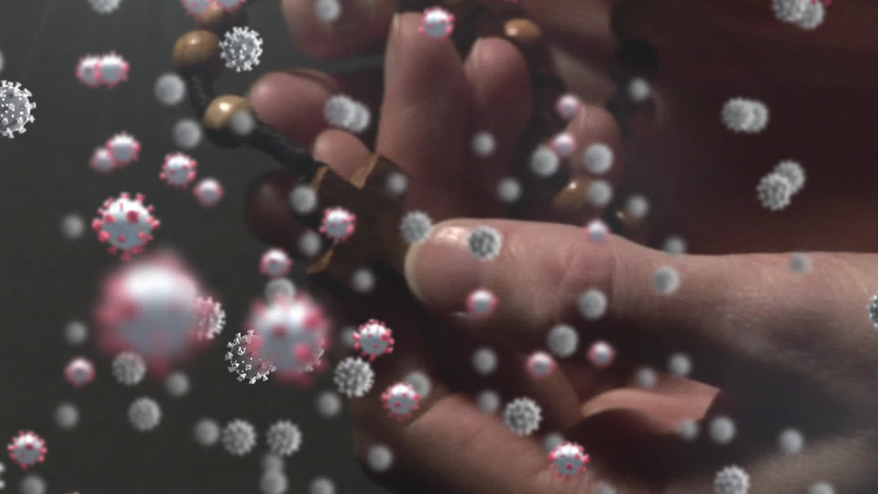 코로나19 세포는 손을 맞대고 기도하고 주기도를 들고 움직입니다.