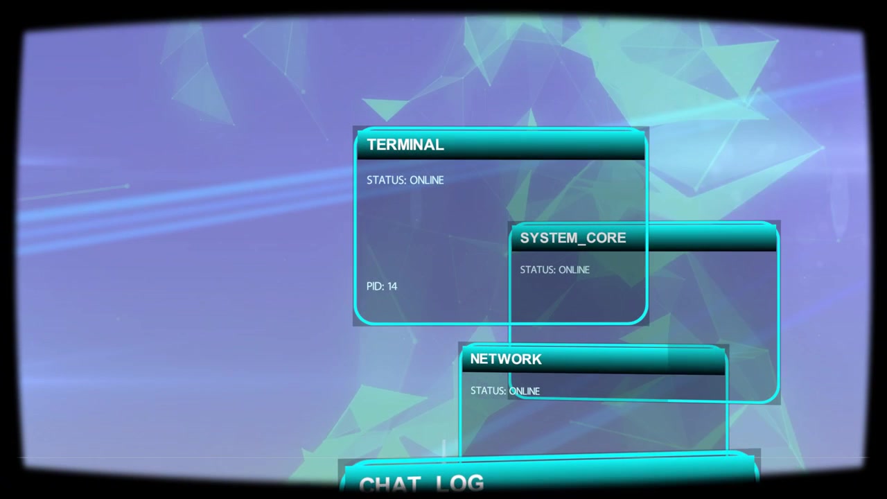 On load cluster of teal UI panels shifting left and up, centering TERMINAL displaying STATUS info