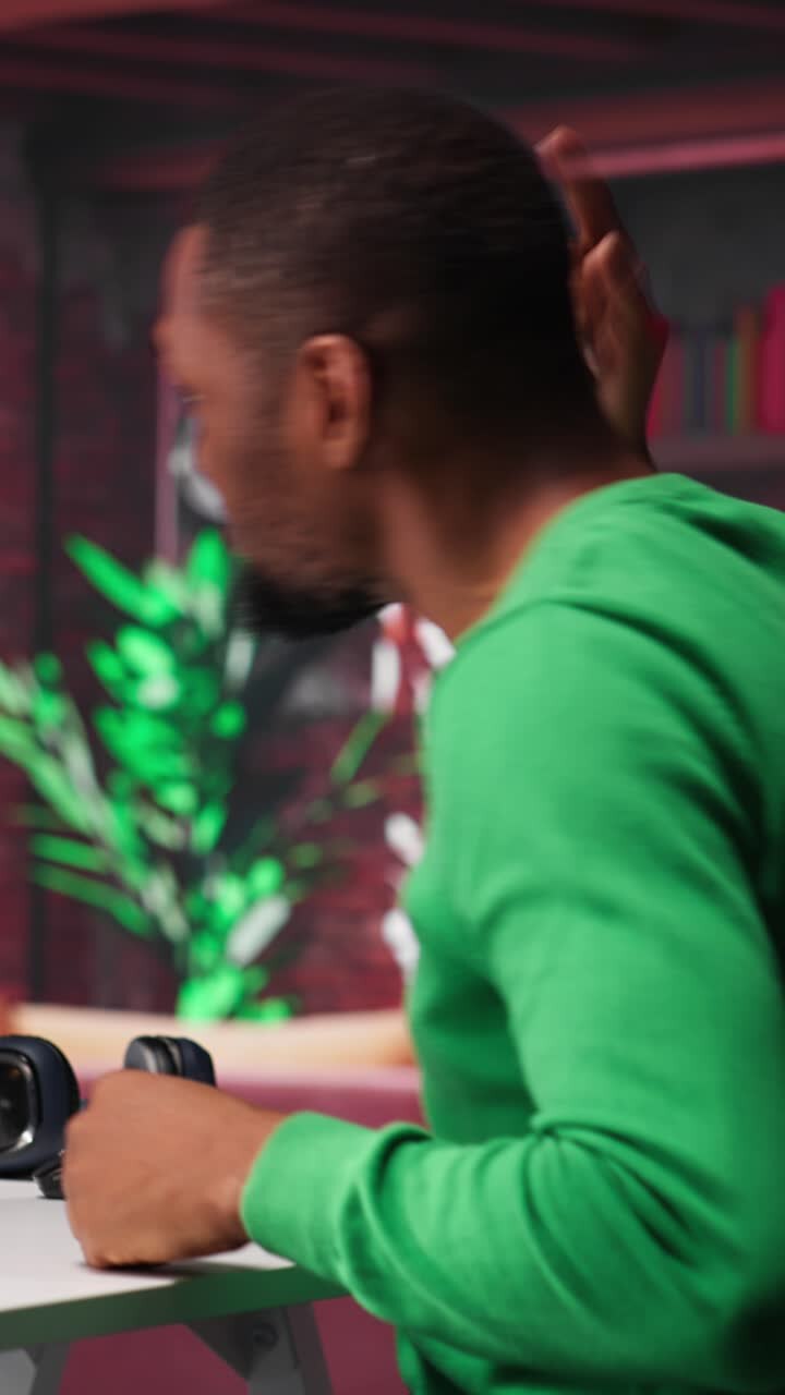 Vertical Video Cheerful day trader gaining money via stock market exchange