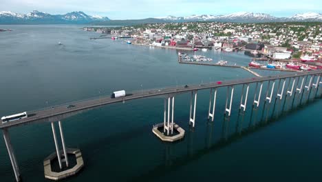 bridge of city tromso, norway aerial footage