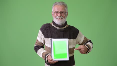 hombre barbudo y guapo con ropa cálida contra un fondo verde