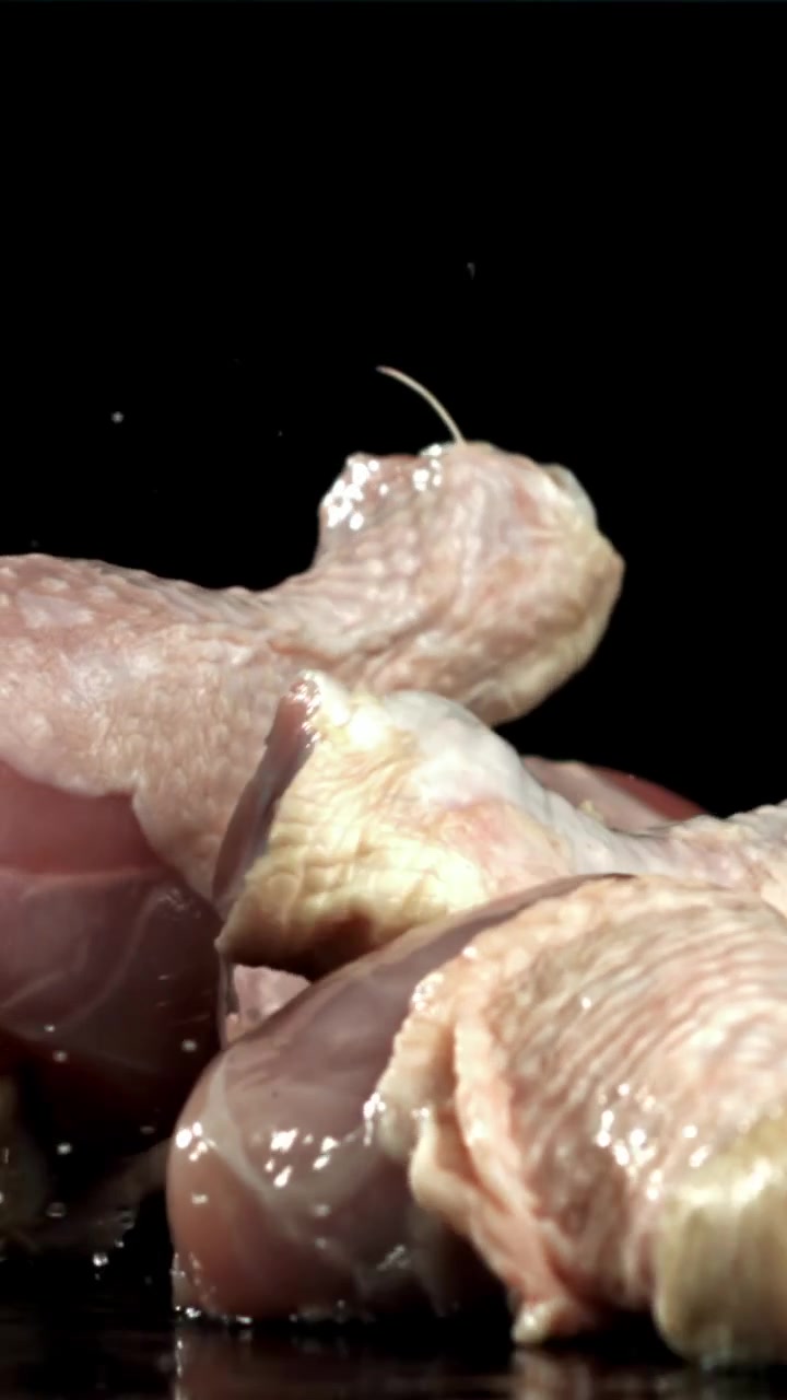 Fusi di pollo freschi e crudi che schizzano acqua al rallentatore
