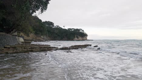 Low-aerial-flight-along-the-lush-and-rocky-shore-at-Auckland's-northern-suburbs