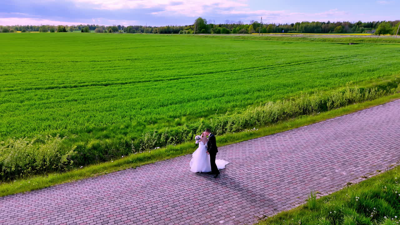 Newlywed couple walks along a cobblestone road beside a vast green field, sharing a peaceful and romantic moment surrounded by nature