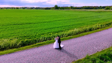 newlywed couple walks along a cobblestone road beside a vast green field, sharing a peaceful and romantic moment surrounded by nature