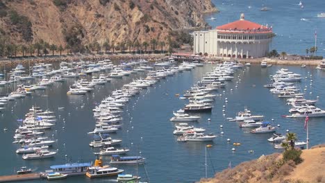 high angle overview of the town of avalon on catalina island with the opera house in background