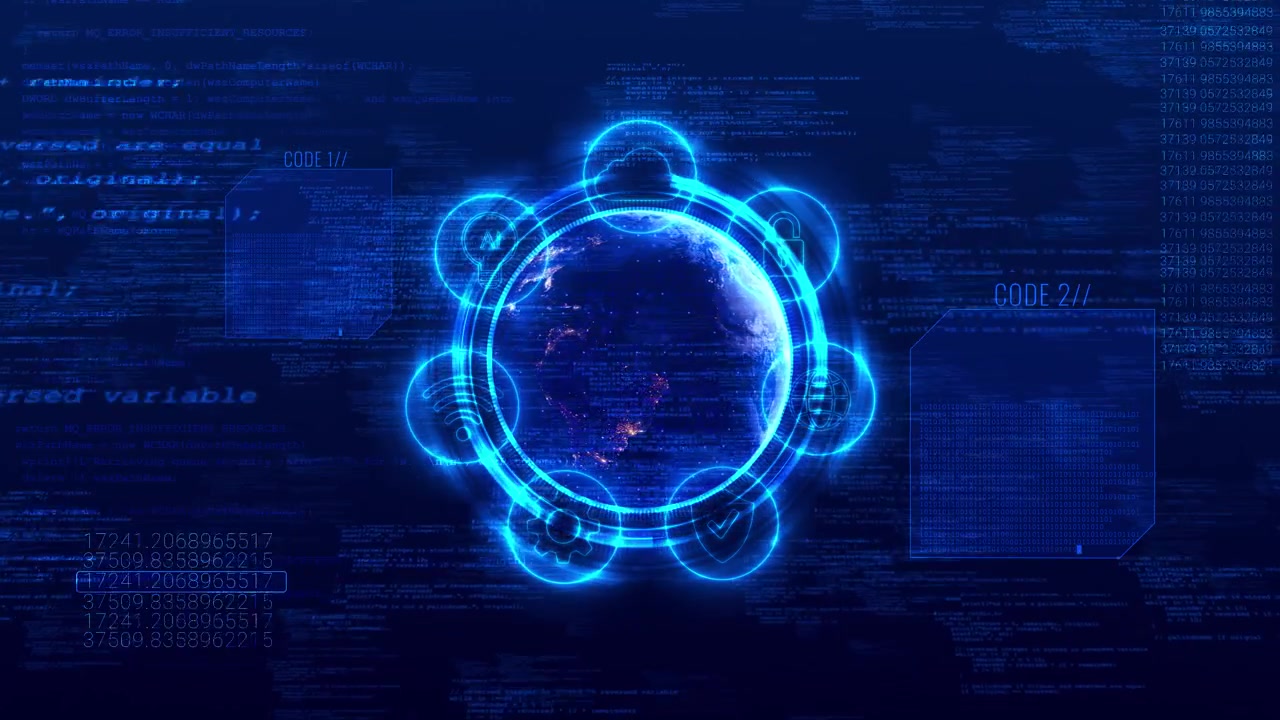 Futuristic globe code interface visual with blue hud rings security icons glowing panels and global