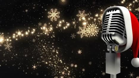 Animation-of-rerto-microphone-with-santa-hat-over-christmas-star-falling-on-black-background