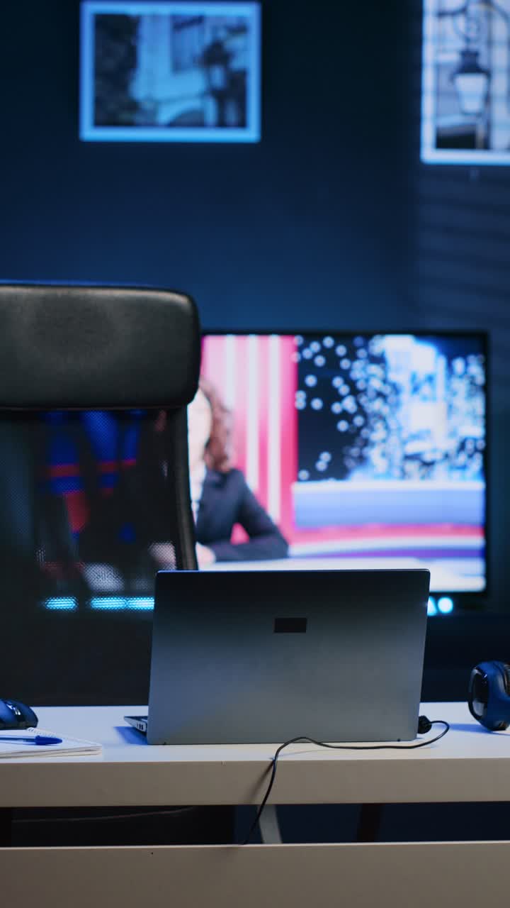Vertical video Home office desk in front of smart TV displaying news program broadcasting